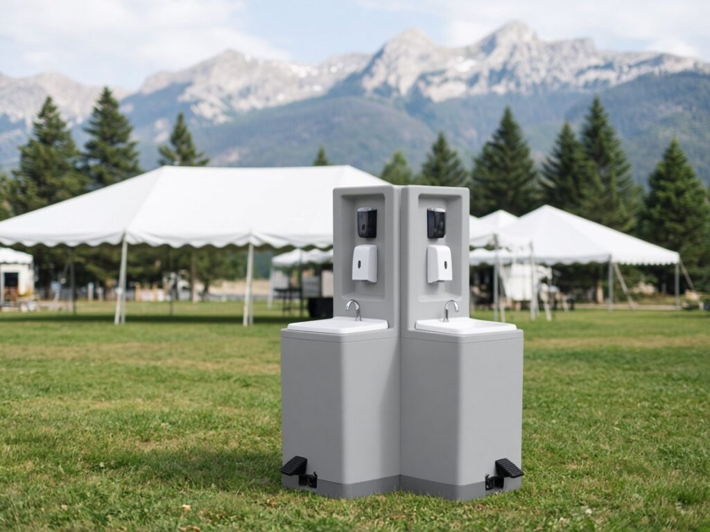 Portable handwash station at an outdoor event with white tents and mountains
