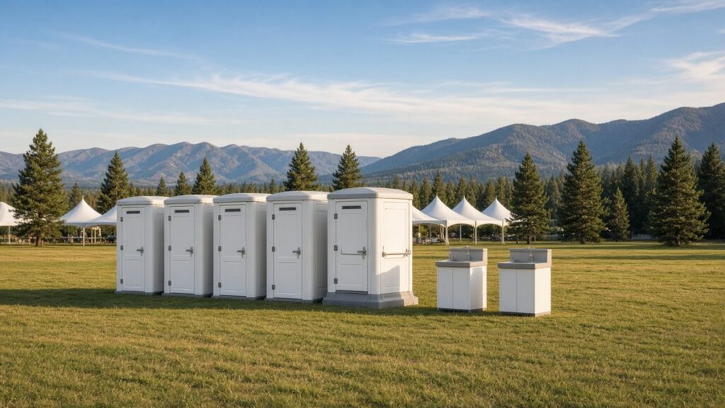 Row of white portable restrooms with an ADA unit and two handwash stations at an outdoor event in the Flathead Valley