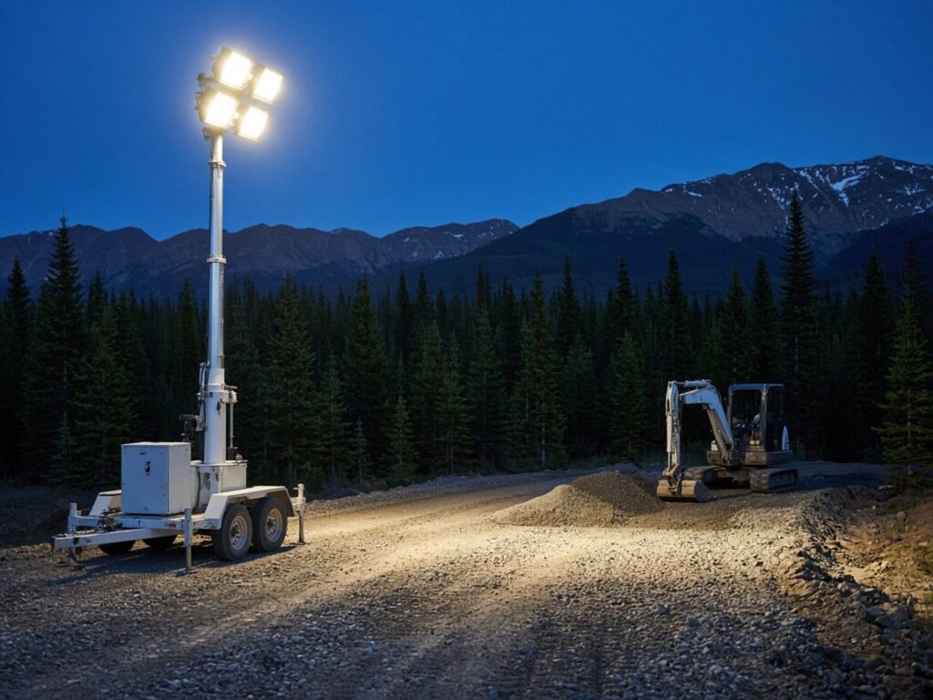 Towable light tower lighting a gravel job site at dusk beside an excavator