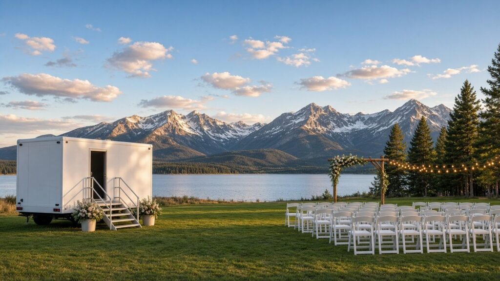 White restroom trailer with steps and flowers beside a lakeside wedding ceremony setup below Montana mountains