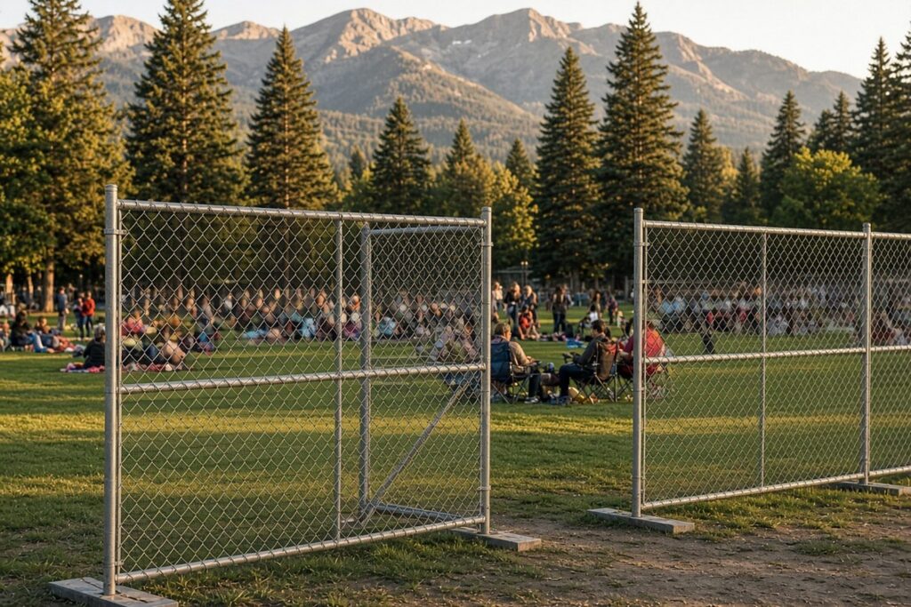 Temporary fence panels with an open gate around an outdoor concert lawn