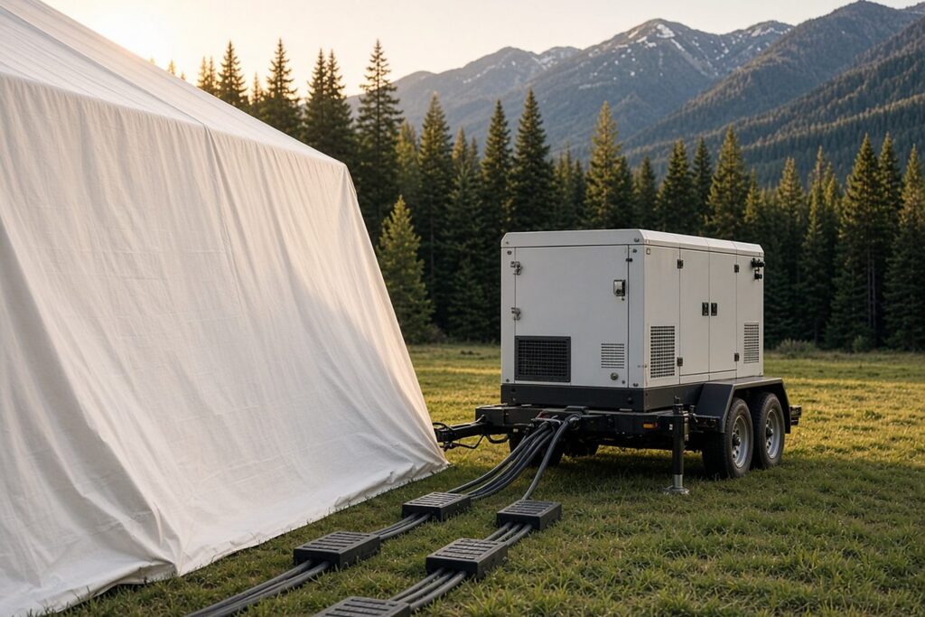 Towable generator powering a white event tent with cables on cable ramps