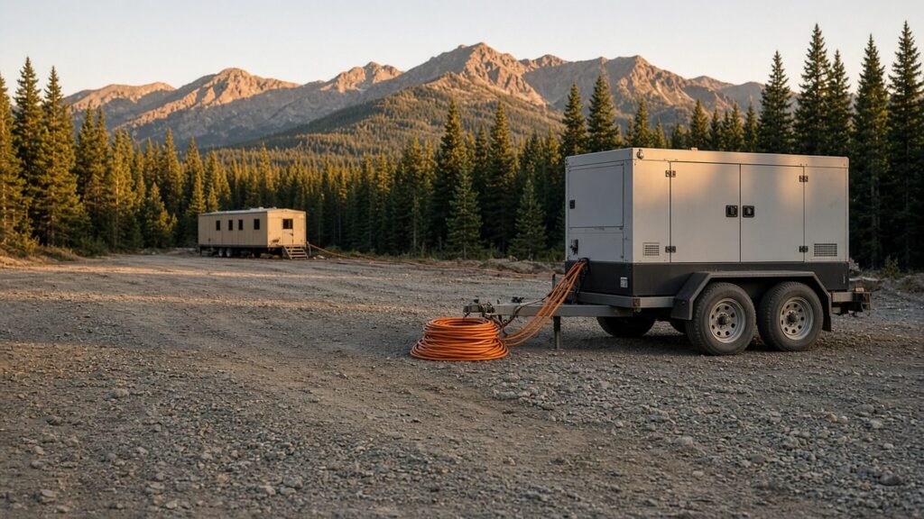 Towable generator on a gravel job site with power cables run to a site trailer