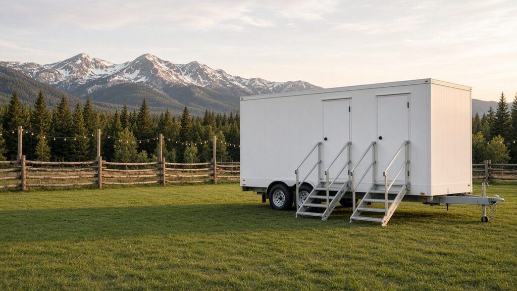 White restroom trailer with steps on a ranch wedding lawn below snowy Montana peaks