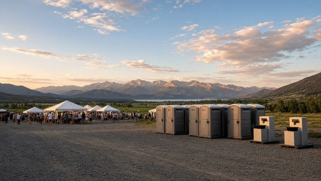 Portable toilets and handwash stations at the edge of a rural summer festival