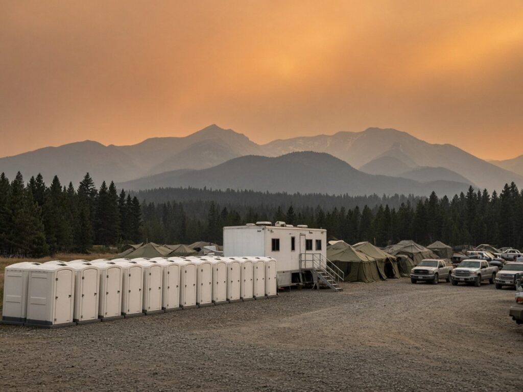 Row of portable restrooms and a trailer at a wildfire base camp under a smoky sky