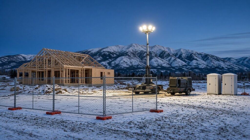 Snowy Montana home construction site at dusk with temporary fencing, a lit light tower, a generator and two portable restrooms
